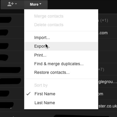 Export contacts menu
